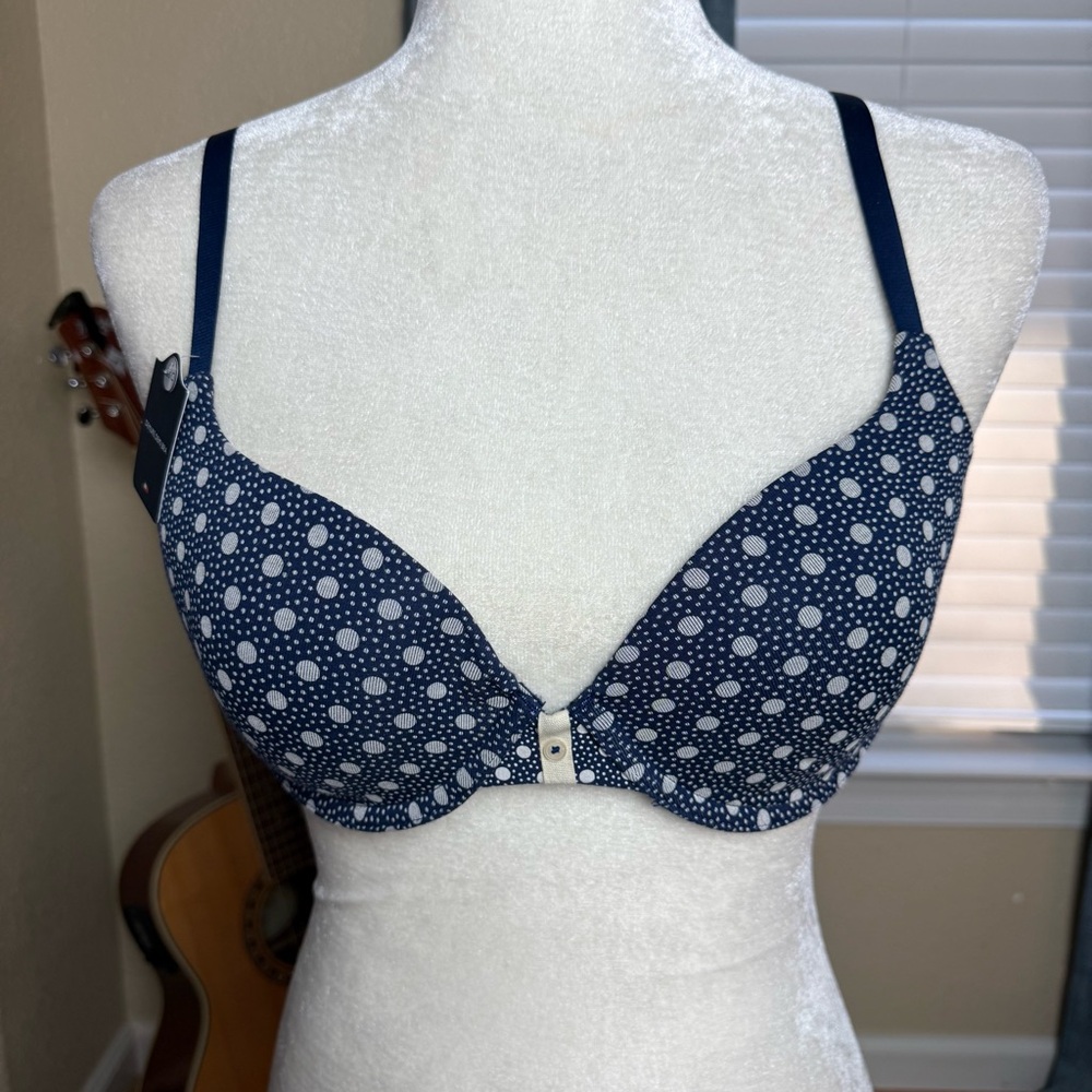 NWT Tommy Hilfiger Demure Padded Convertible Demi Bra Navy Polka Dot Sz 36C